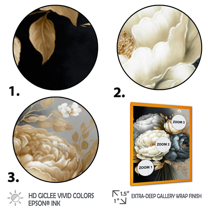 Bouquet de pivoines blanches, bleues et grises III - Impression sur toile, Cadre photo doré, H 32 po x l 16 po x P 1 po