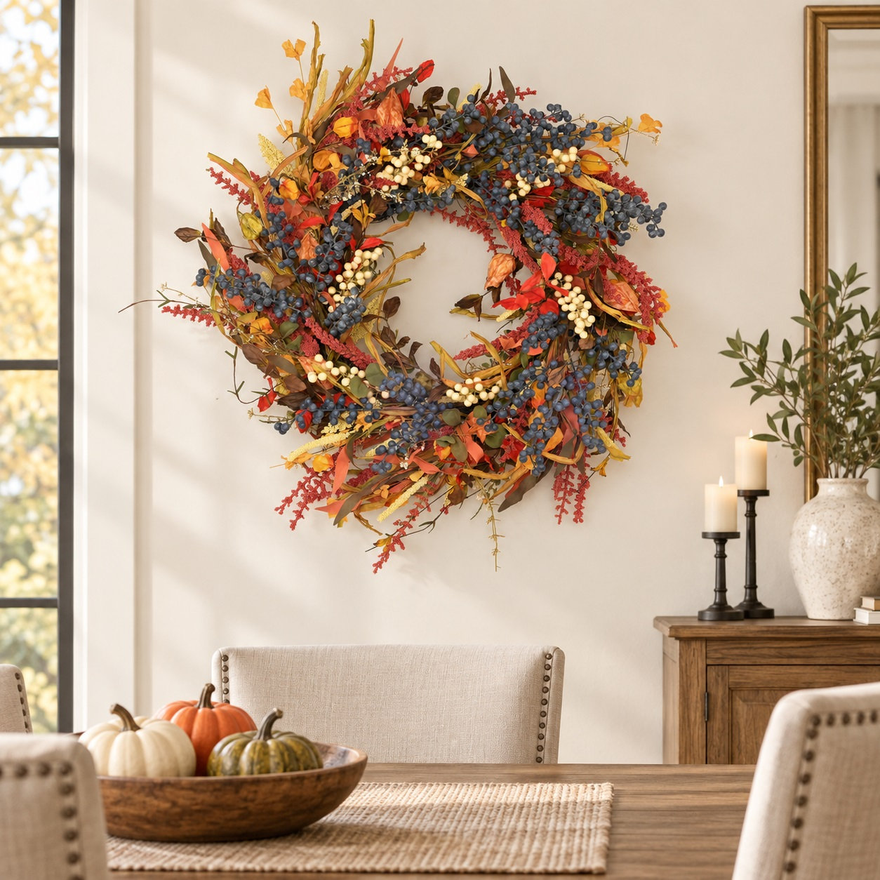24" Artificial Farmhouse Twig Fall Thanksgiving Day Harvest Blossom Cluster Foliage Berry Front Door Wreath, Orange/Blue