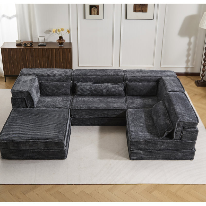 Canapé à compression Mahjong, canapé-lit convertible au sol, canapé modulaire modulaire désossé DIY, aucun assemblage requis, tissu polaire circulaire, surdimensionné à 4 places avec 1 repose-pieds, gris foncé