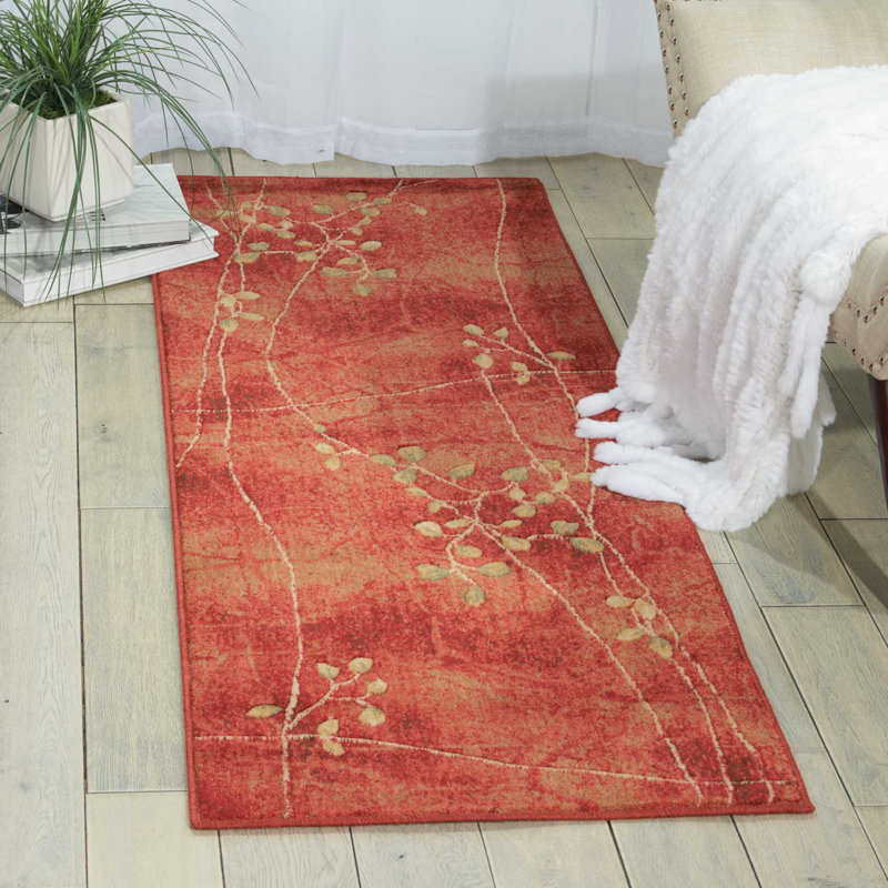 Tapis à motif floral rouge flamme / brun Arnim, Tapis de couloir 2 pi x 5 pi 9 po