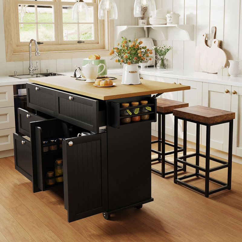 Îlot de cuisine Farmhouse avec abattant et 2 sièges, ensemble de table de cuisine avec armoire de rangement, tiroirs, tablettes de porte et prise de courant