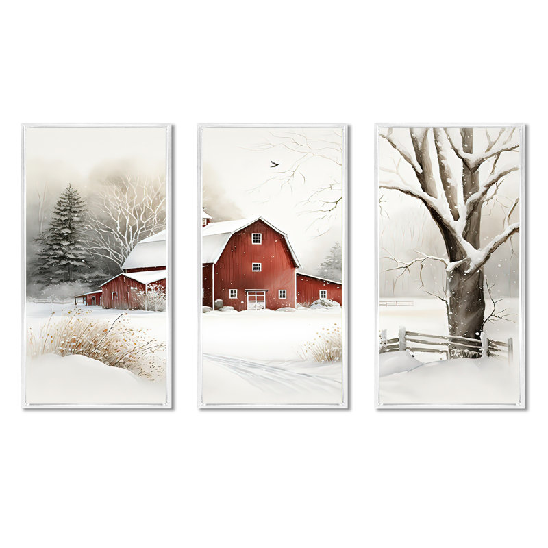 «Red Barn Scenery In Winter IV», ensemble d'art mural sur toile, Cadre flottant blanc, H 32 po x l 48 po