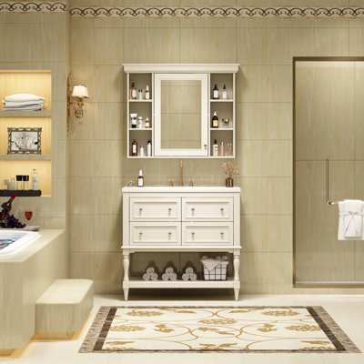 Meuble-lavabo 36 po avec armoire à pharmacie, 4 tiroirs, structure en bois massif, tablette ajustable avec miroir moderne, lavabo en céramique, lavabo pré-percé à trois trous, peinture imperméable, assemblage facile, espace spacieux