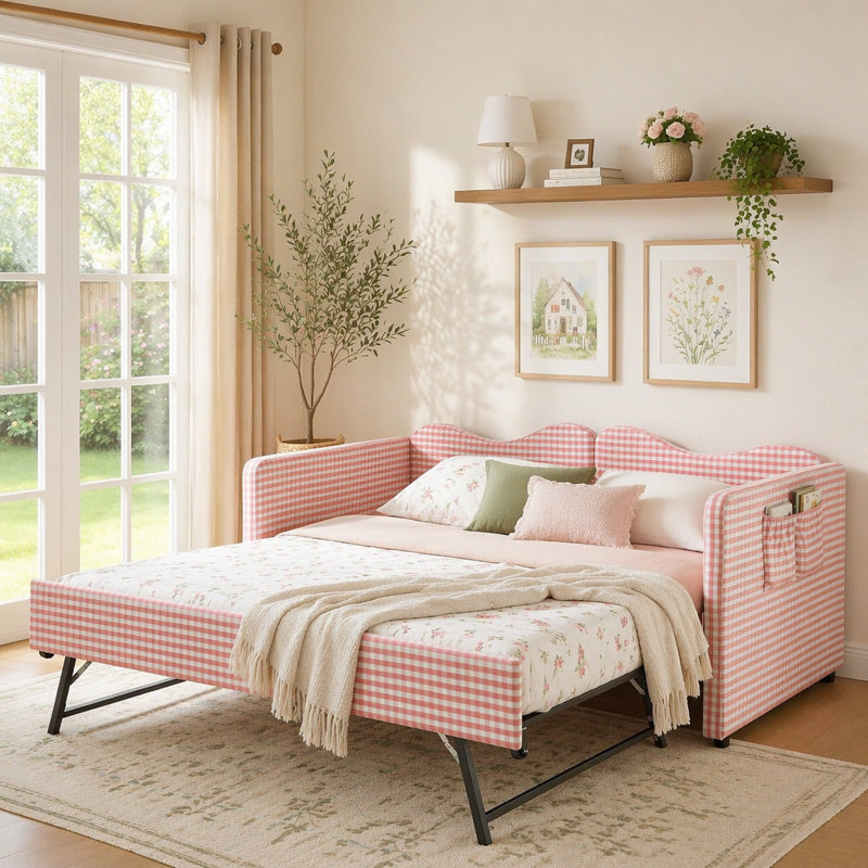 Lit de jour avec lit gigogne escamotable, Lit simple, Rose