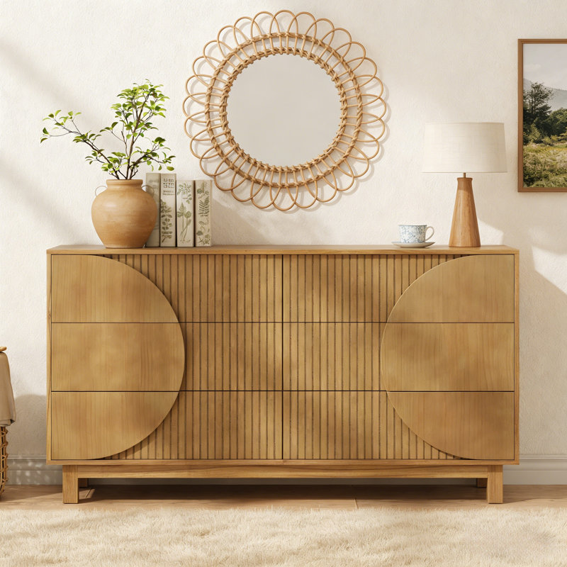 6 Drawer Fluted Dresser 60" Wide - Solid Wood Leg TV Stand, 6 Deep Drawer Storage Cabinet for Bedroom, Living Room & Entryway