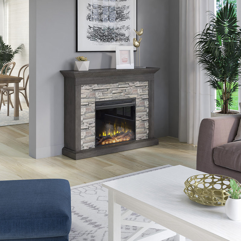 Electric Fireplace Mantel Package Rustic Stacked Stone Surround - Heat 400 SQ FT, Weathered Gray