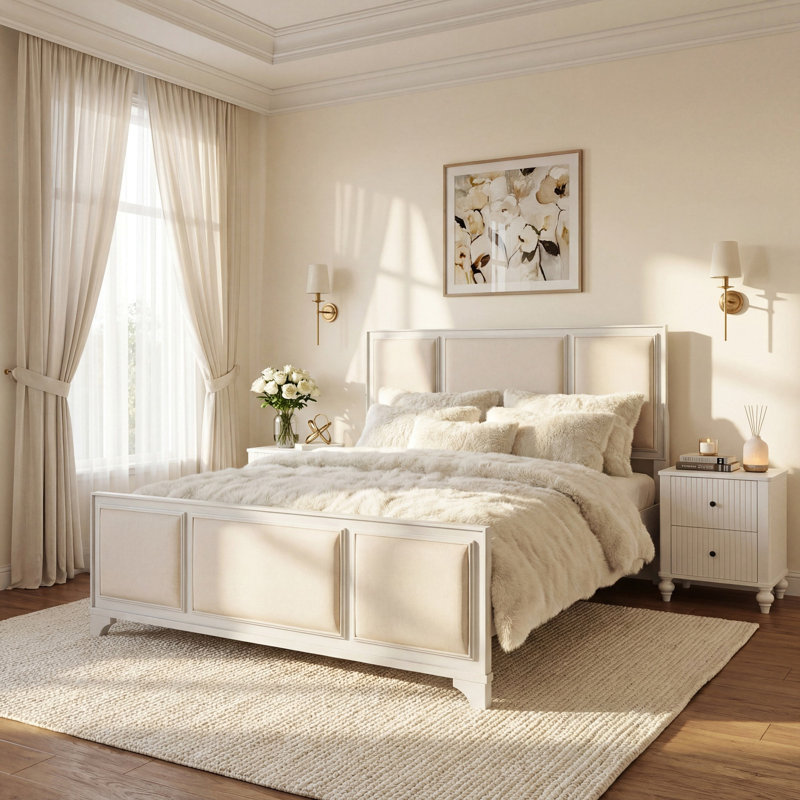 Structure de lit grand lit en bois avec tête de lit tapissier, tissu blanc et beige, plateforme en bois massif, style campagne moderne