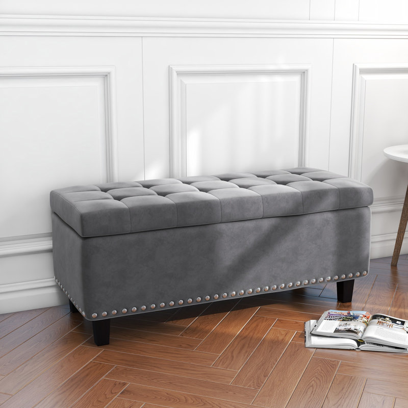 Banc de rangement à couvercle rabattable rembourré, Bleu marine