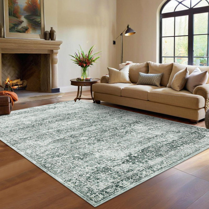 Washable Area Rug Vintage Rug Non Shedding Non Slip Rug Soft Low Pile Thin Rug, Distressed Floral Rug, Retro Oriental Rug, Decorative Printed Rug for Living Room Bedroom