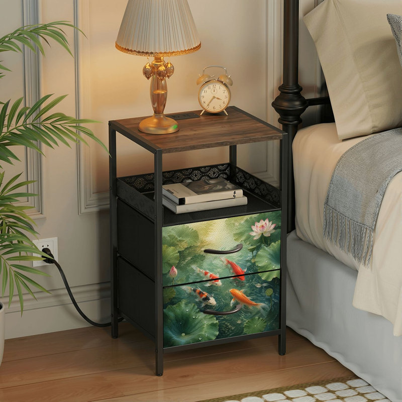 Table de chevet 2 tiroirs avec station de charge, table de chevet pour chambre avec ports USB et amp; Imprimé de style aquarelle traditionnel Outlets