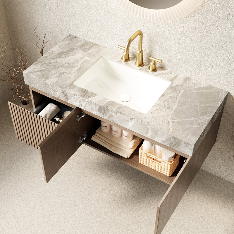 Meuble-lavabo de 48 po de style, comptoir en pierre frittée grise, lavabo en céramique, 3 trous de robinet, armoire en contreplaqué, ouverture de tiroir lisse flottante pré-assemblée, pierre, lavabo avec anti-rayures