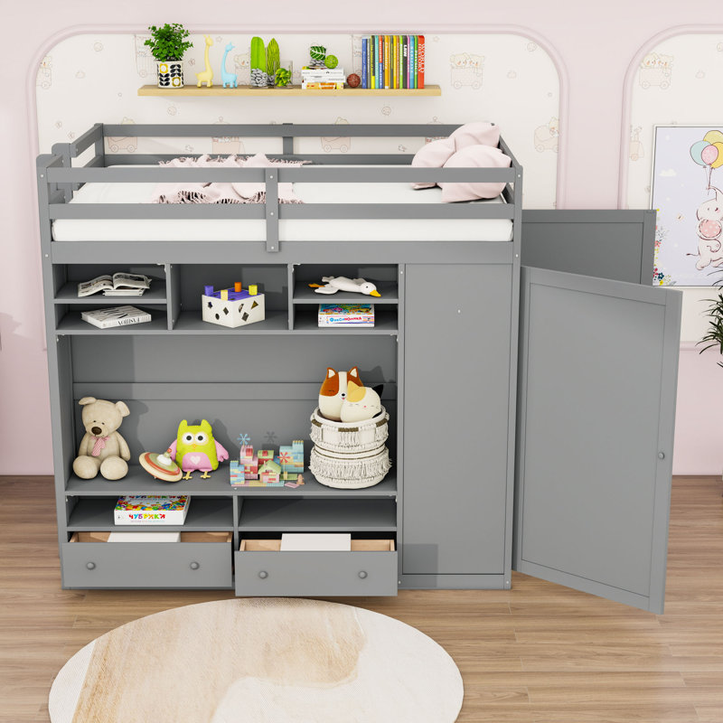 Full-size loft bed with wardrobe closet and led lighting,drawers, Gris