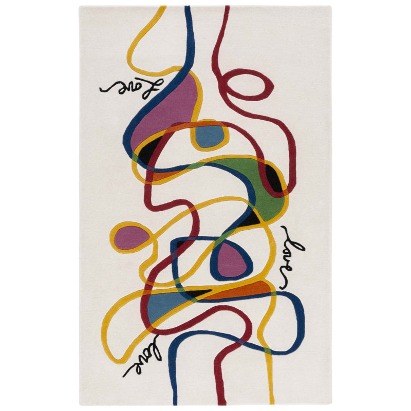 Tapis abstrait en laine / coton touffeté à la main Candrice en ivoire / rouge, Rectangle 6 pi x 9 pi