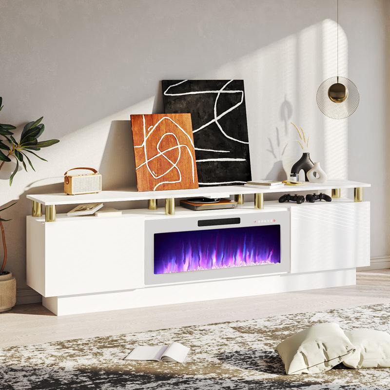 Meuble télé avec foyer électrique Alazik, Blanc / Doré, Blanc, 24”H x 14”L x 80”W