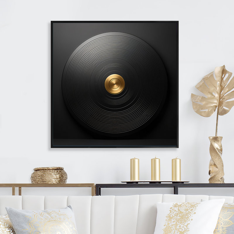 Vinyle noir et doré Serenade II - Disque vinyle décoratif mural, Noir, H 16 po x l 16 po, Reproduction avec cadre flottant