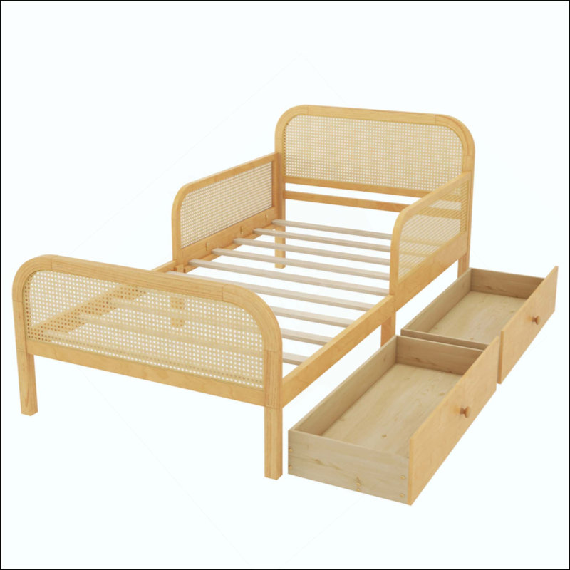 Structure de lit plateforme avec 2 tiroirs de rangement, lit en rotin pour enfants avec tête et pied de lit, Twin, Natural