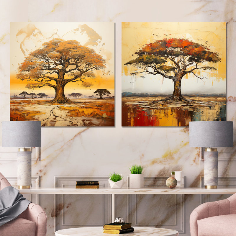 Arbre sauvage d'Afrique, ensemble de 2 reproductions d'art en métal, H 36 po x l 72 po