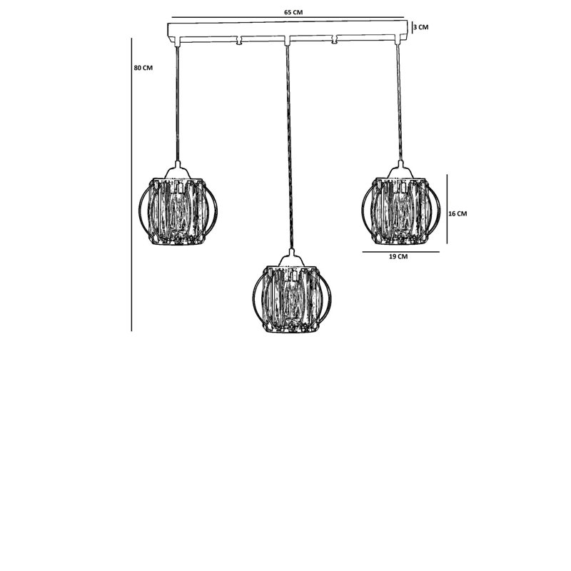 Elegant Black Metal Chandelier, Adjustable Height, Ø7.5 x 6.3 inches | Features Glass Cap, Base Plate: 21.7 x 2.4 x 1.2 inches | 3 x E27 Sockets (Max 40W), for Dining Room & Living Room Décor