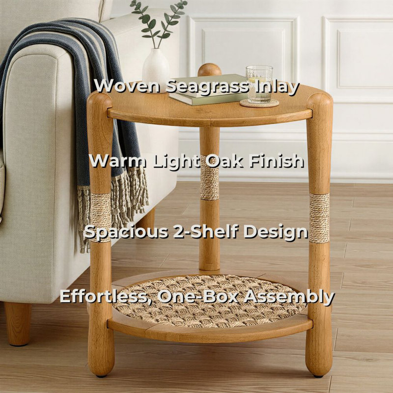 Arnkell Round Wood End Table With Seagrass Shelf, Natural