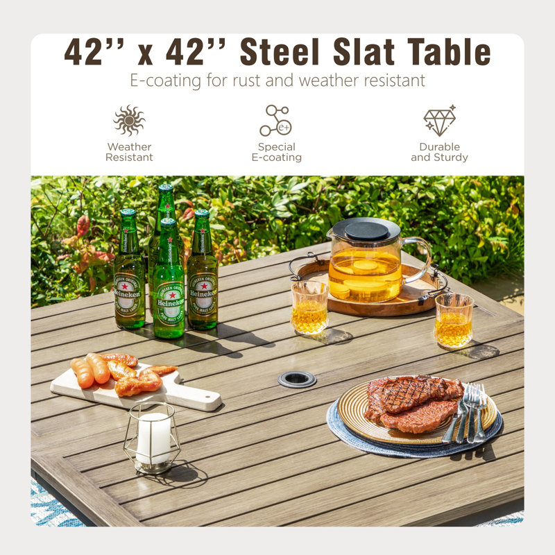 4 - Person Metal Patio Dining Set With Square Table , Cushions Included, Blue