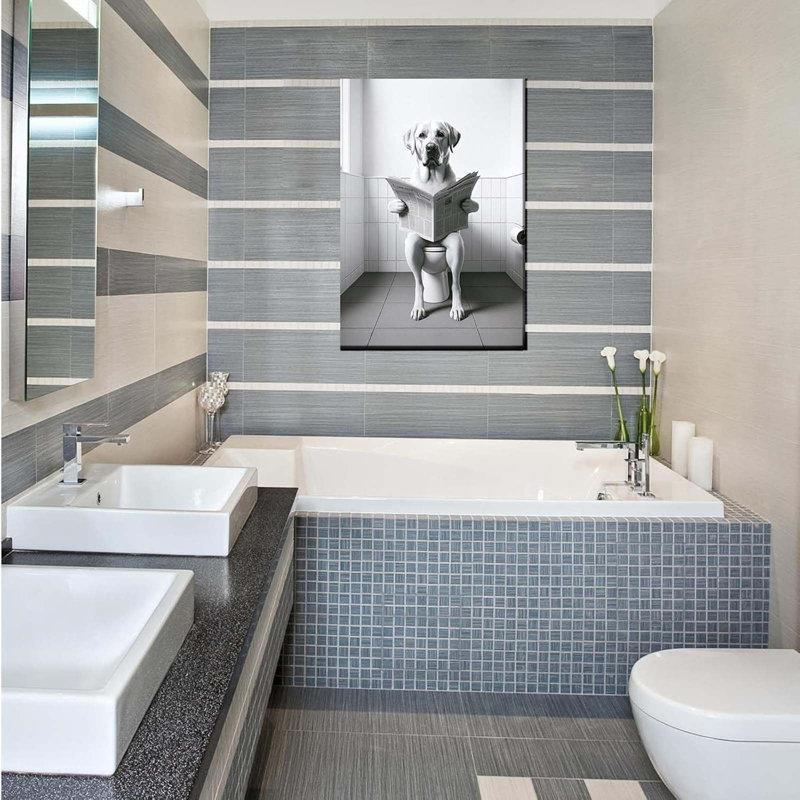Funny Bathroom Canvas Wall Art - Cute Retriever On Toilet Photo 24X36inch