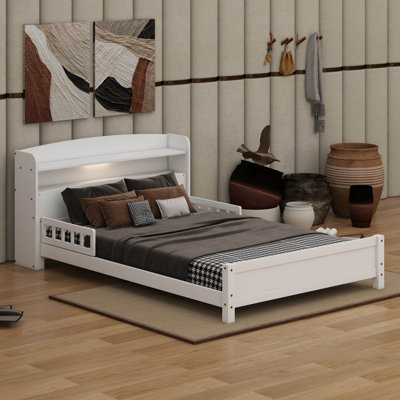 Pine Wood Bed – Bookcase Headboard, LED Motion Sensor Light & Guardrails