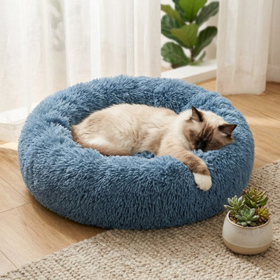 Lit orthopédique apaisant pour chats d'intérieur, conception ronde, moelleuse et lavable, convient aux petits et grands chats et chatons, ainsi qu'aux petits chiens