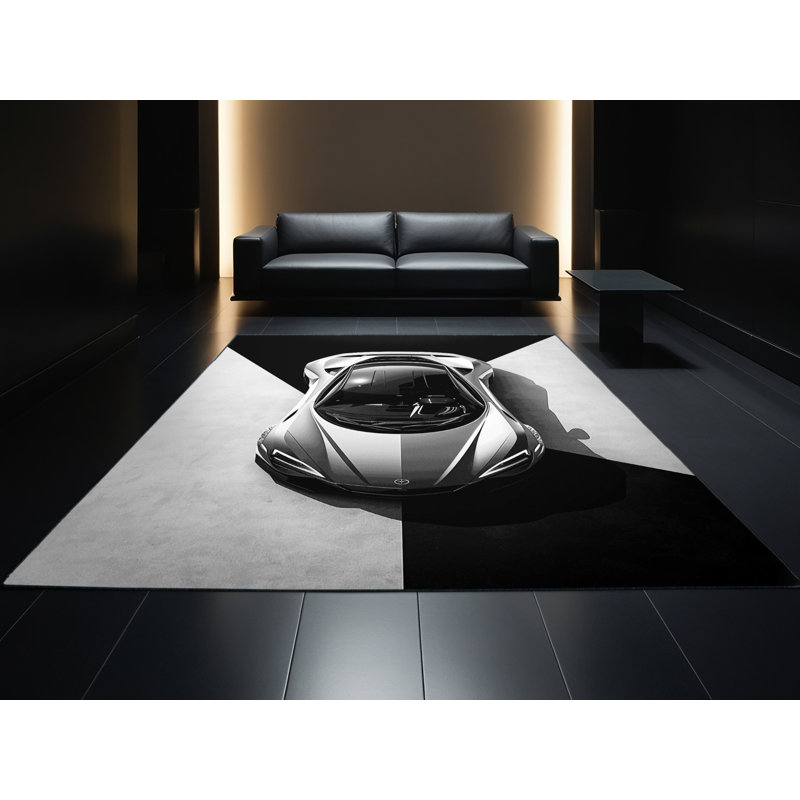 Machine Washable Maurice Futuristic Concept Car Modern Geometric Shapes Rug in Black – Black Binding, 6x9
