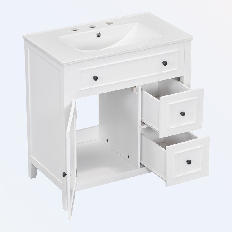Meuble-lavabo avec plan de travail, une porte et deux tiroirs, Blanc