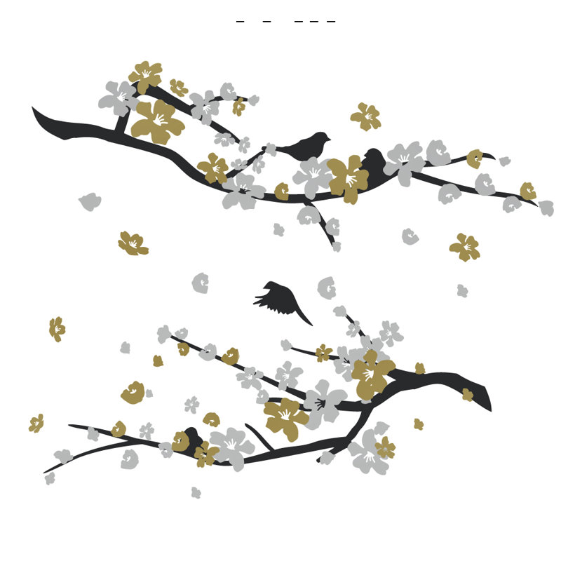 Décalcomanie murale petites fleurs de cerisier, 34" H x 41" lx 0.01" D, Noir / Argent / Or
