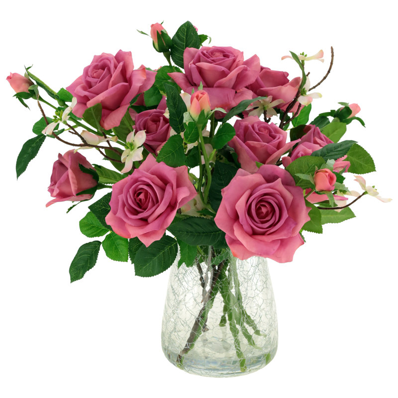 Roses In Crackle Vase - 17 Inches, Blush