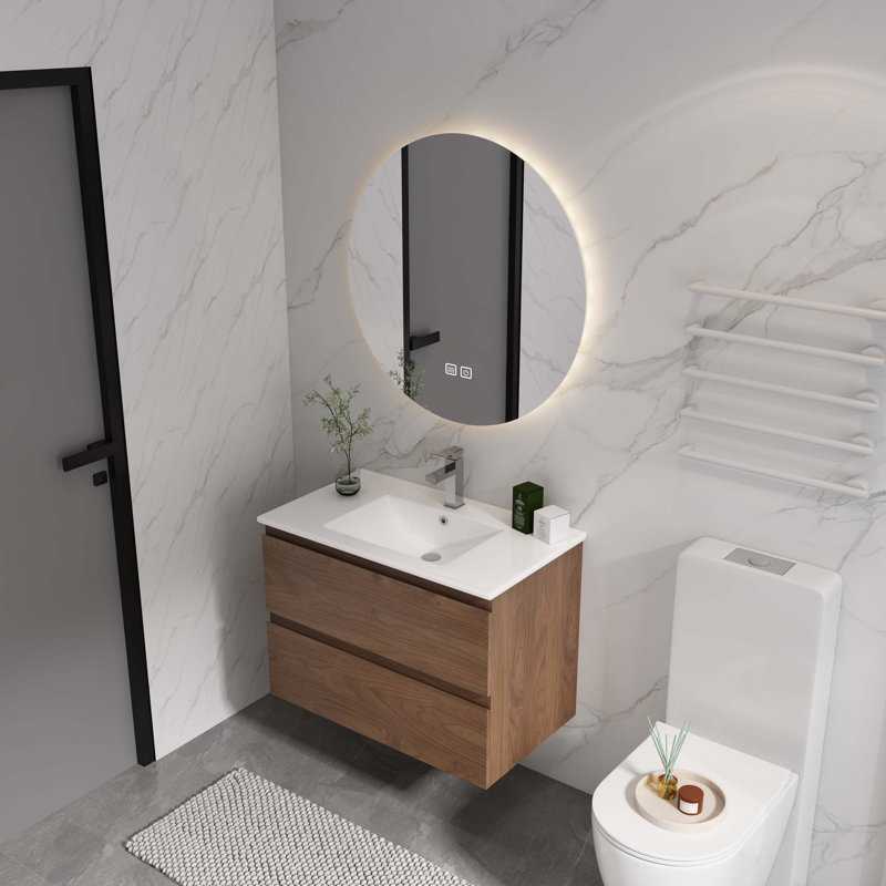 Meuble-lavabo mural 30 po avec lavabo en céramique et 2 tiroirs à fermeture en douceur, Chêne brun