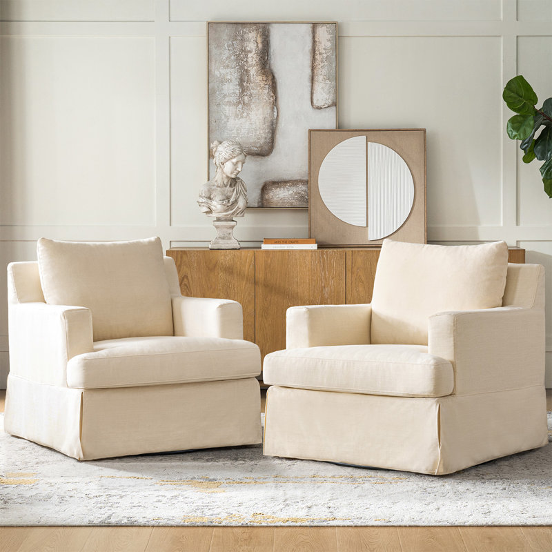 Isadoro 33" Wide Farmhouse Slipcovered Swivel Rocking Armchair with Down Blend Fill, Linen