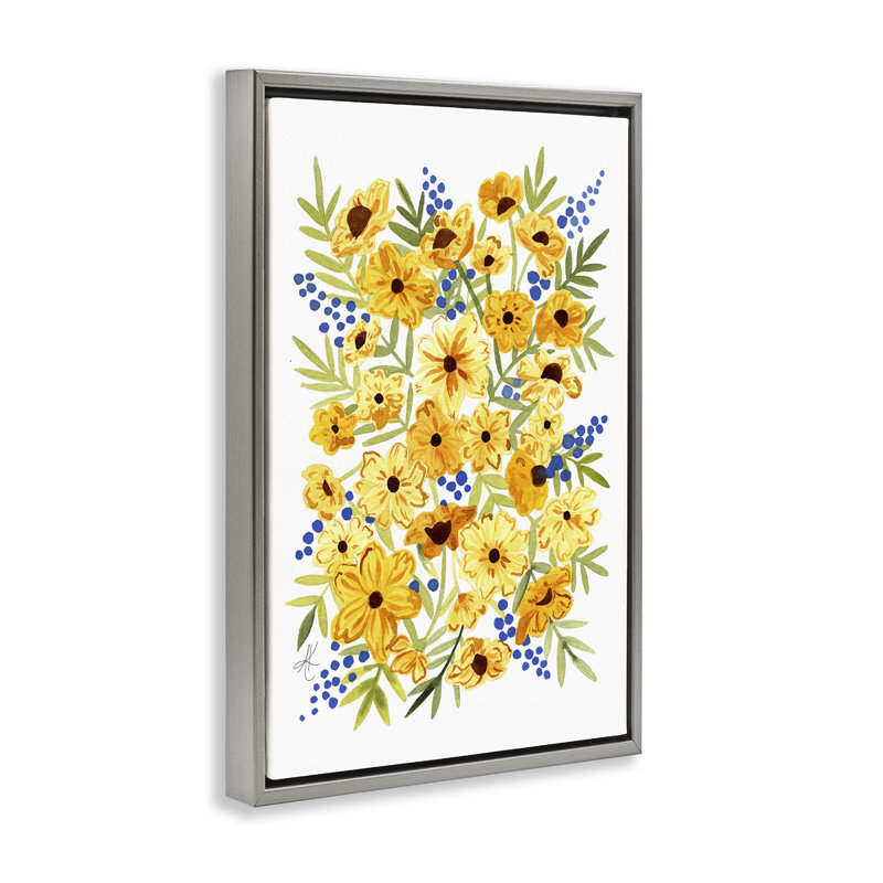 Toile flottante encadrée "Cosmos & Berries" jaune par Alexandria Gilbert Kincaid, Cadre flottant gris lustré