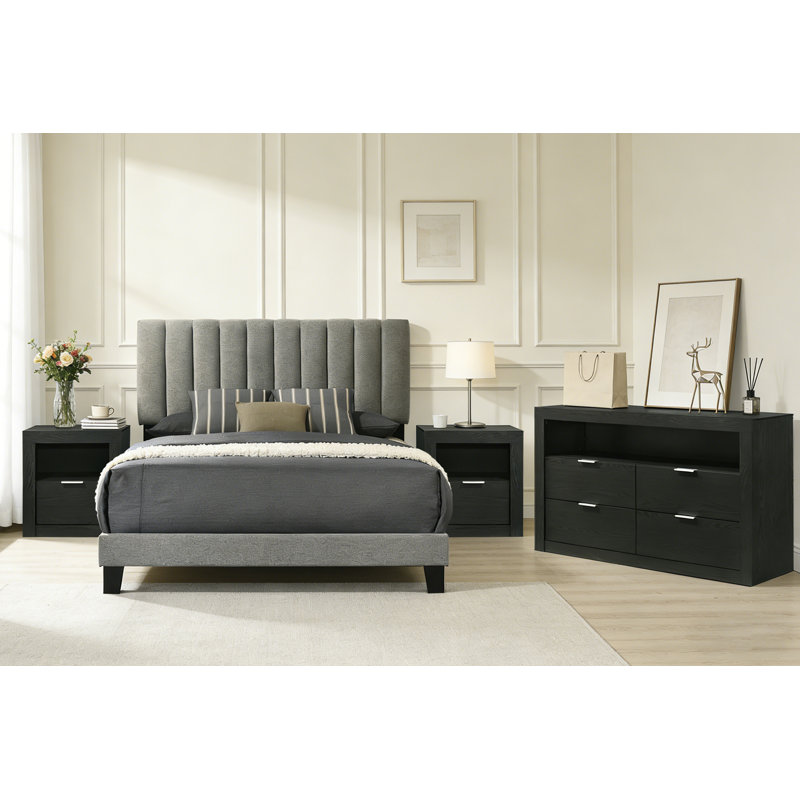 4-Pieces Bedroom Sets, Black, 4 Pcs: Bed, 2 Nightstands, Dresser, King