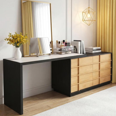 110.23 Inch Extendable Computer Desk with 6 Drawers Modern Retractable L Shaped Writing Table for Home Office Black Wood