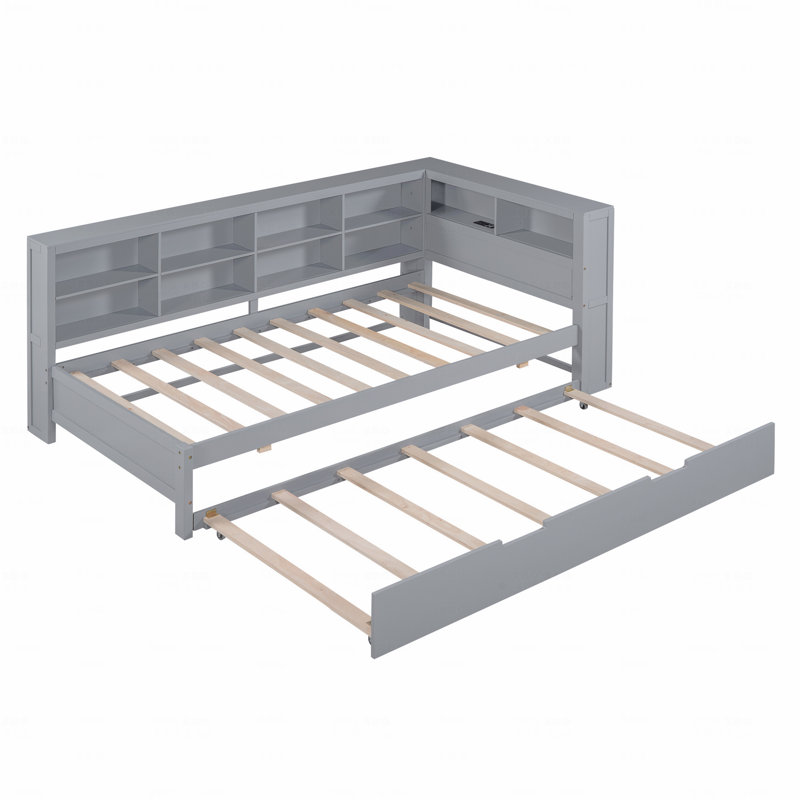 Wooden Frame Materialen Twin Size Daybed Frame With Twin Size Trundle, Daybed Frame With Storage Function Shelf And With Usb Charging Function Charging Ports,Grey