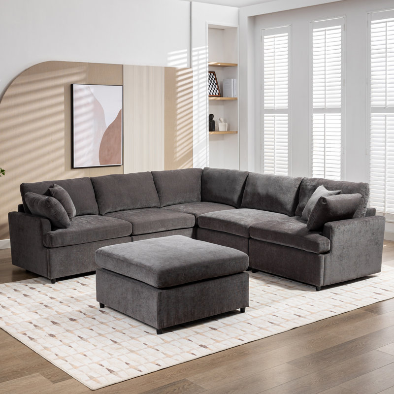Canapé modulaire rembourré en U avec repose-pieds amovible Kian, Gris chenille