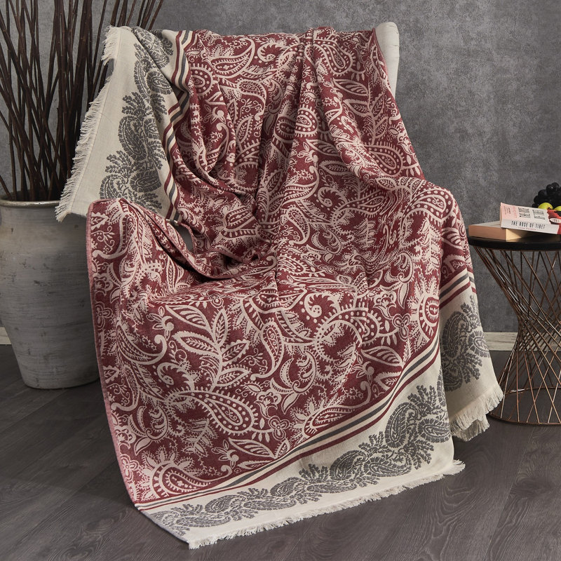 Valetta Jacquard Throw Blanket, Maroon/Grey