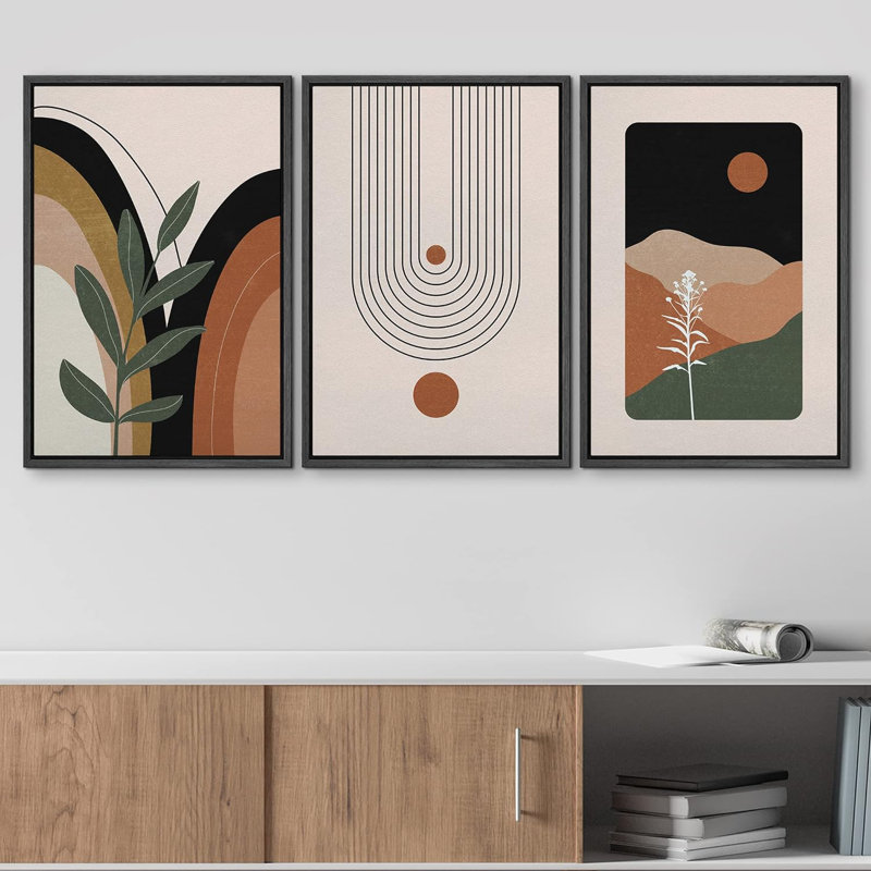 Bohemian-style Plants " Brown Plant And Polygon Variety Abstract Shapes Illustrations Mid Century Modern Art Boho Colourful " 3 - Pieces
