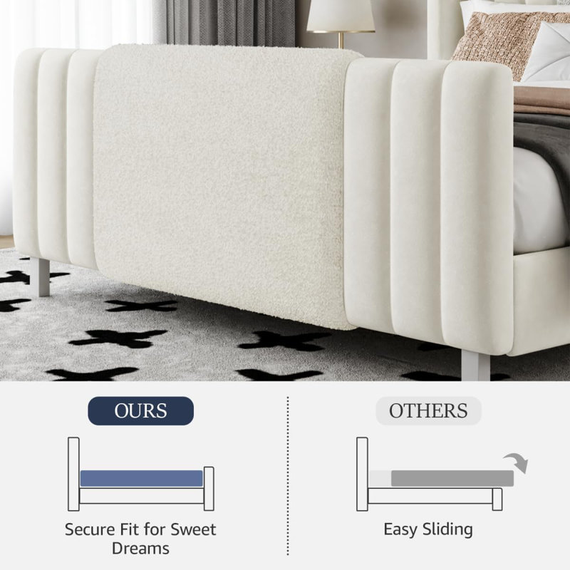 King Size Bed Frame with Tall Headboard and Footboard, Boucle and Velvet Upholstered Bed Frame Queen with LED Lights, Modern Platform Bed Frames, Noiseless, Easy Assembly, White