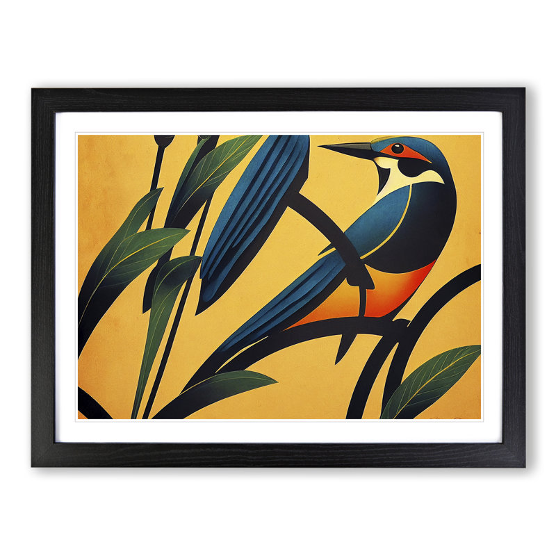 Art Deco Kingfisher - Single Picture Frame Print, 46cm H x 64cm W x 2cm D, Black Framed