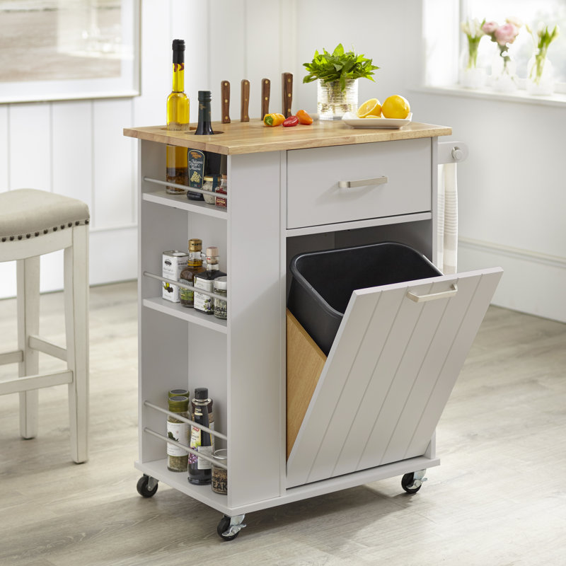 Audy Solid Wood Top Kitchen Cart, Light Gray