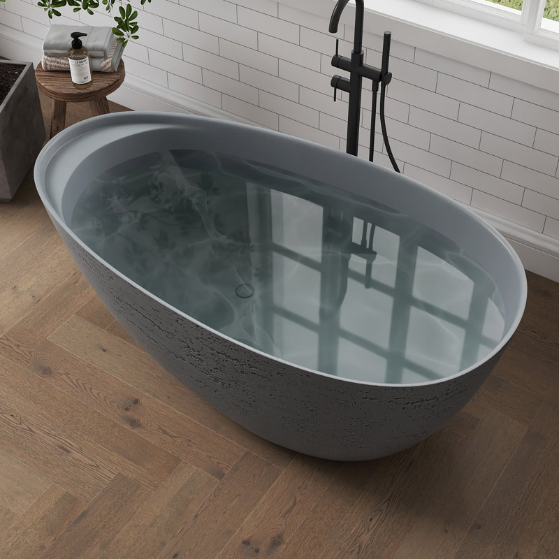 59" Solid Surface Freestanding Tub,Travertine-Texture Design Oval Stone Resin Bathtub Soaking Tub With Overflow, Grey