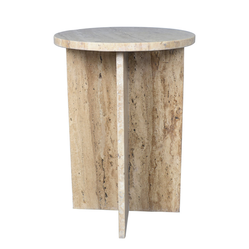 Javier Minimalist 17.75" Round Solid Travertine Marble End Table, Geometric Cross Base Glossy Accent Side Table for Living Room & Bedroom