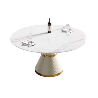 Table de salle à manger 53,15 po en pierre artificielle ronde blanche avec base en acier au carbone pouvant accueillir 6 personnes (chaise non incluse)