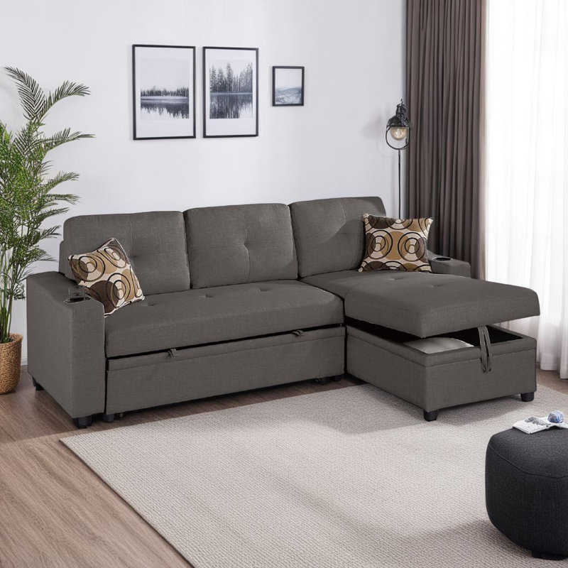 Canapé-lit modulaire avec méridienne et rangement Pero, Mélange de polyester noir