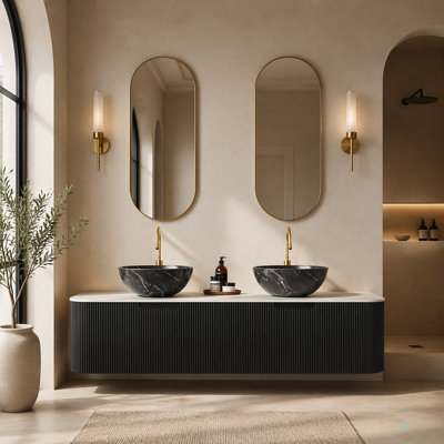 Meuble-lavabo de salle de bain 60 po avec lavabos, 2 tiroirs, 2 cuves en céramique avec motif de pierre, pré-assemblé