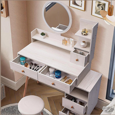 Stylish Vanity Table + Cushioned Stool,Touch Control LED Mirror,Large Capacity Storage Cabinet, 5 Drawers,Fashionable Makeup Furniture