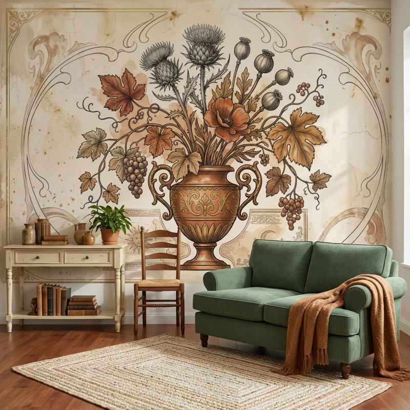 Murale rétro avec motif floral et ornement floral, 100 po x 96 po, Non tissé